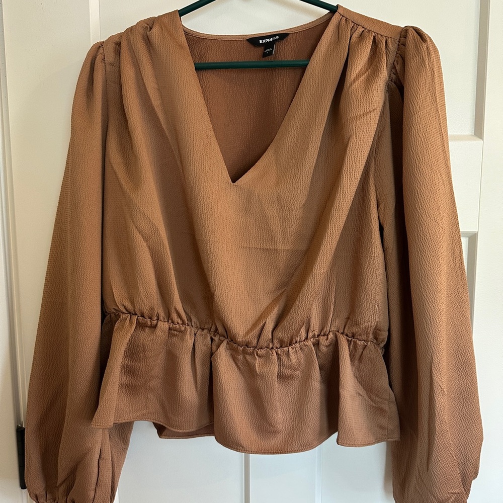Express Brown Puff Sleeve Wrap Blouse